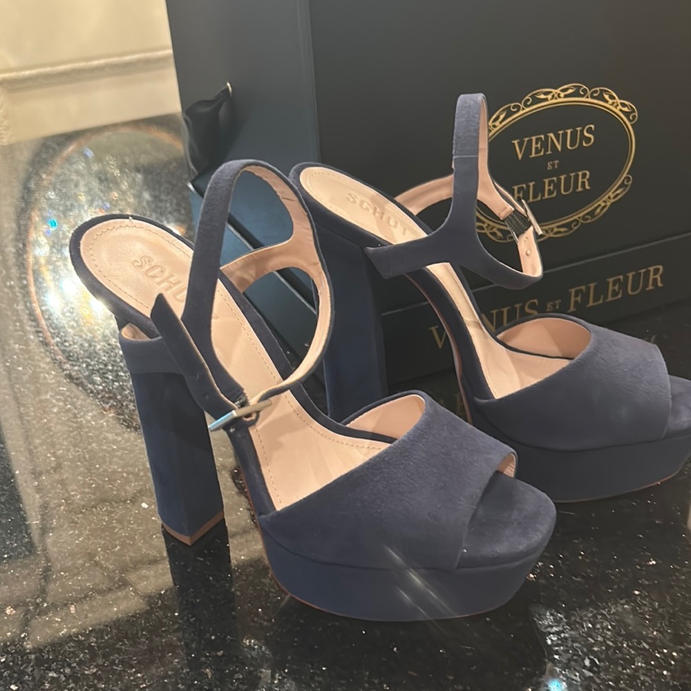Schutz blue suede platform sandals